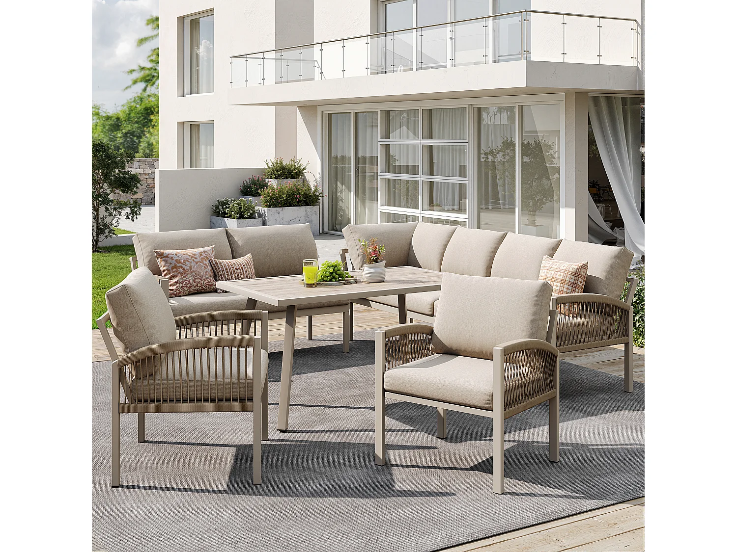 Salon de jardin, ensemble de meubles pour 8 places, cordage, 1 table avec veinure de bois, en fer galvanisé, canapé d'angle - 2 fauteuils, Beige