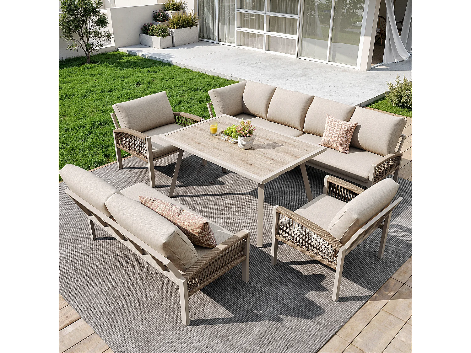 Salon de jardin, ensemble de meubles pour 8 places, cordage, 1 table avec veinure de bois, en fer galvanisé, canapé d'angle - 2 fauteuils, Beige