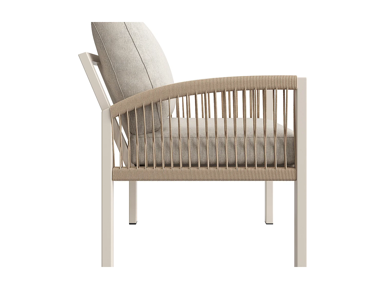 Salon de jardin, ensemble de meubles pour 8 places, cordage, 1 table avec veinure de bois, en fer galvanisé, canapé d'angle - 2 fauteuils, Beige