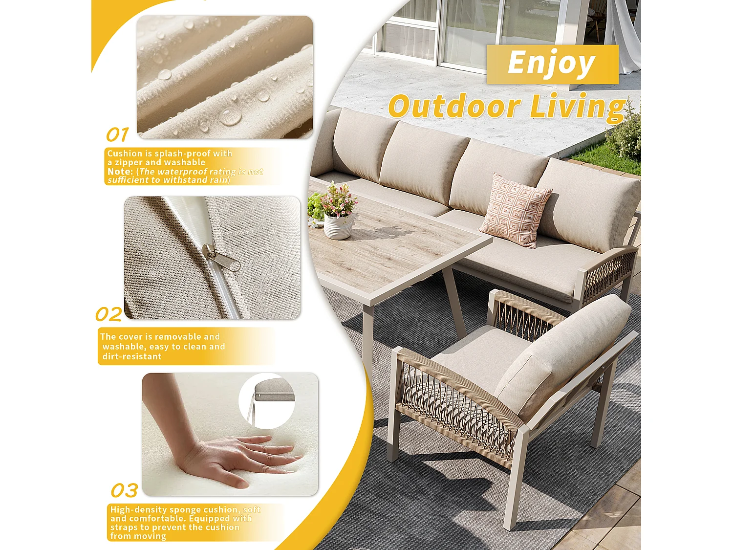 Salon de jardin, ensemble de meubles pour 8 places, cordage, 1 table avec veinure de bois, en fer galvanisé, canapé d'angle - 2 fauteuils, Beige