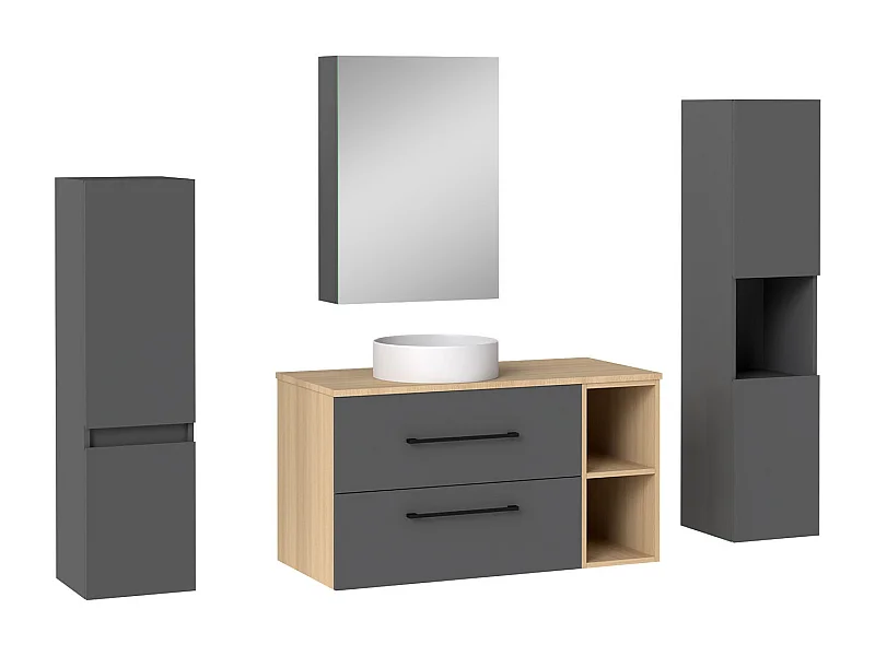 AICA Ensemble meuble de Salle de Bain Suspendu 100cm avec vasque à poser + 2*Colonne + Armoire salle de bain avec miroir, Anthracite + Chêne