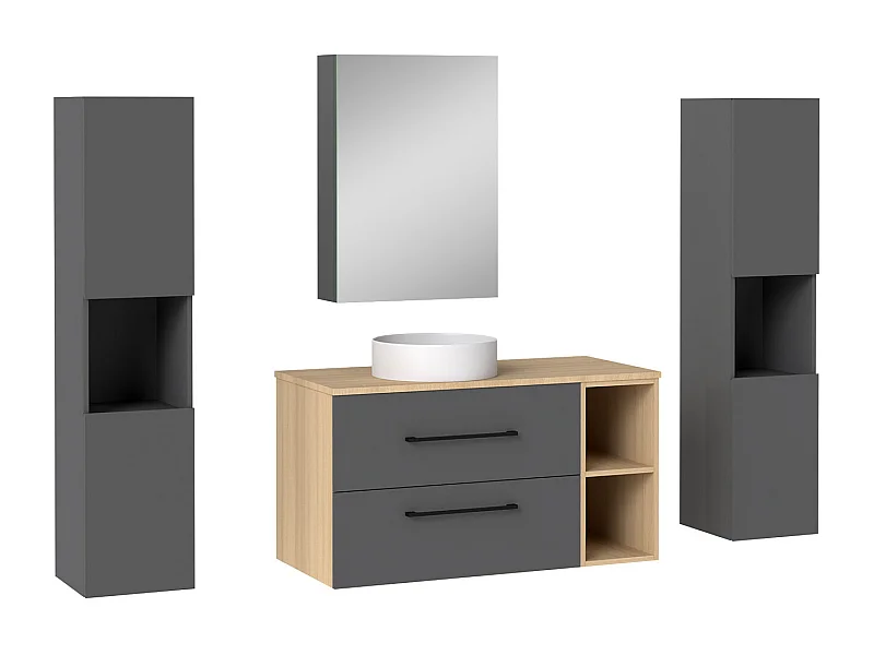 AICA Ensemble meuble de Salle de Bain Suspendu 100cm avec lavabo à poser + 2*Colonne + Armoire salle de bain avec miroir