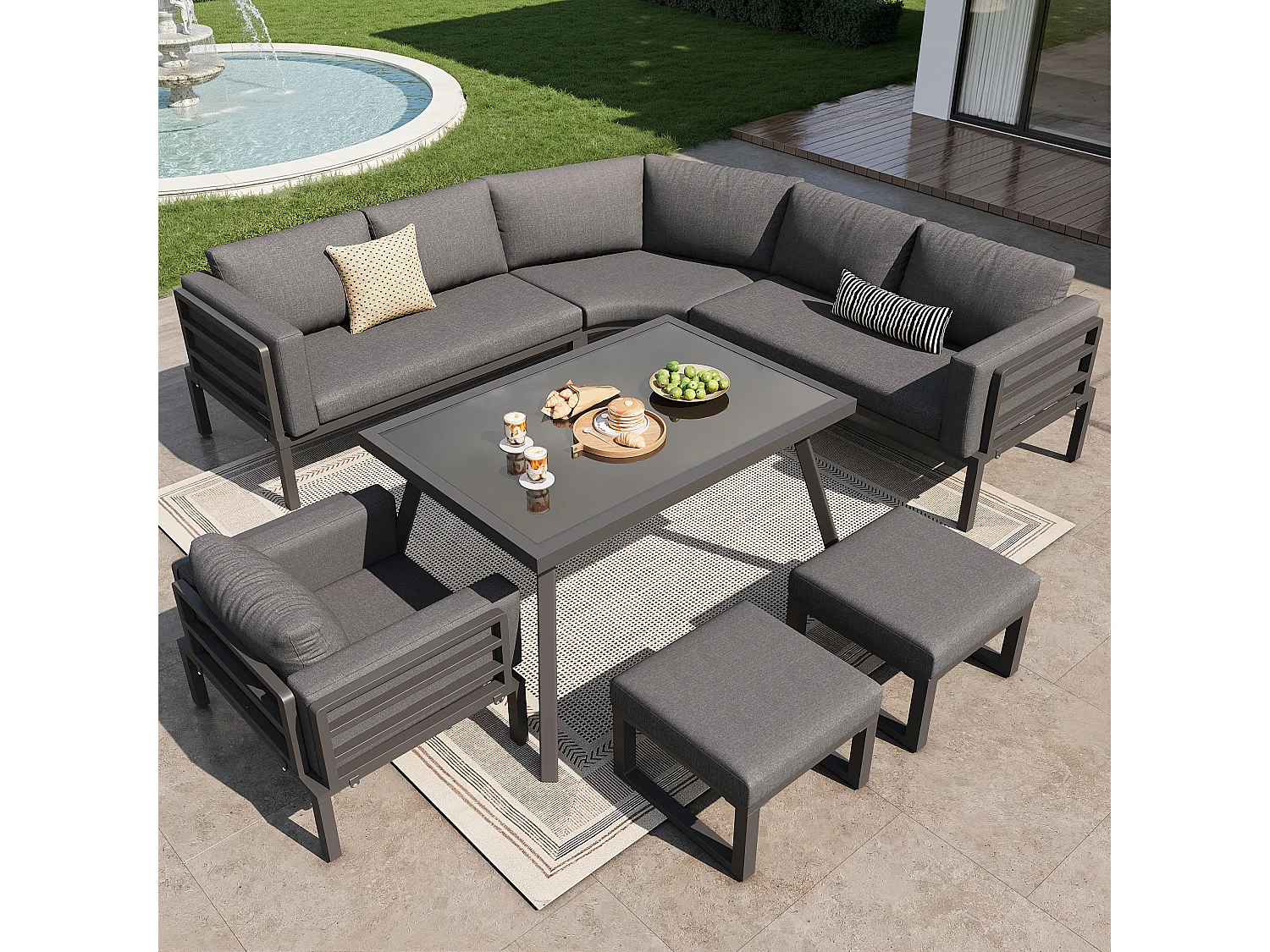 Garten-Salon, Möbelset für 8 Personen, aus verzinktem Eisen, 1 Sessel und 2 Hocker, Ecksofa, Esstisch, Grau