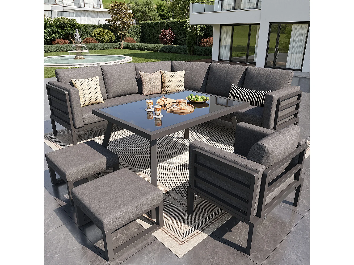 Garten-Salon, Möbelset für 8 Personen, aus verzinktem Eisen, 1 Sessel und 2 Hocker, Ecksofa, Esstisch, Grau