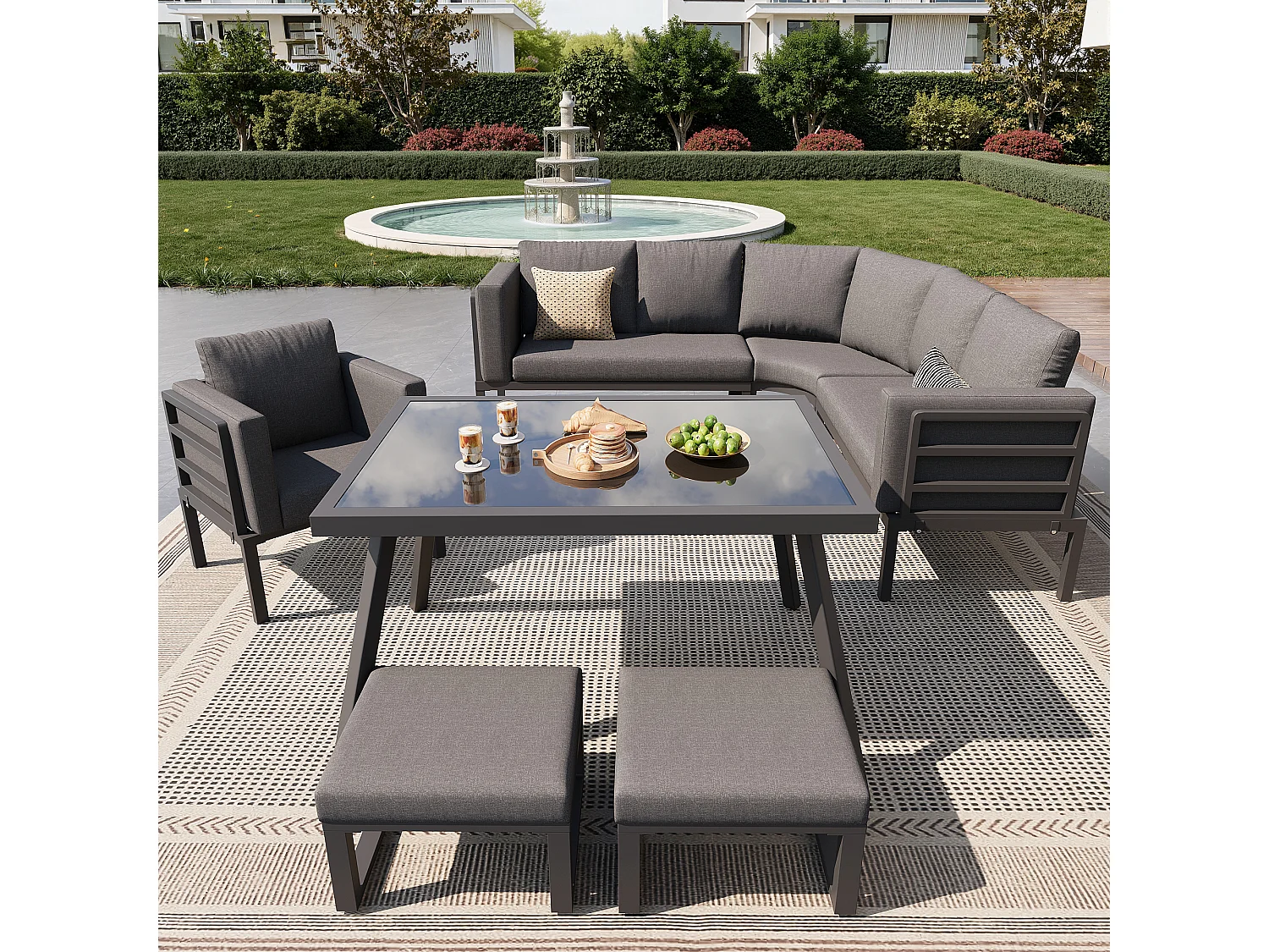 Garten-Salon, Möbelset für 8 Personen, aus verzinktem Eisen, 1 Sessel und 2 Hocker, Ecksofa, Esstisch, Grau