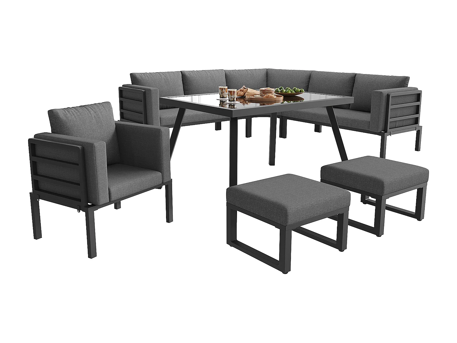 Garten-Salon, Möbelset für 8 Personen, aus verzinktem Eisen, 1 Sessel und 2 Hocker, Ecksofa, Esstisch, Grau