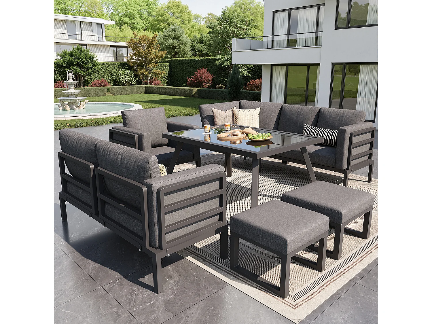 Garten-Salon, Möbelset für 8 Personen, aus verzinktem Eisen, 1 Sessel und 2 Hocker, Ecksofa, Esstisch, Grau