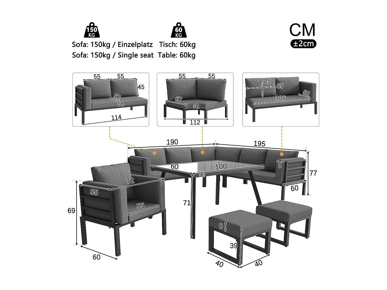 Garten-Salon, Möbelset für 8 Personen, aus verzinktem Eisen, 1 Sessel und 2 Hocker, Ecksofa, Esstisch, Grau