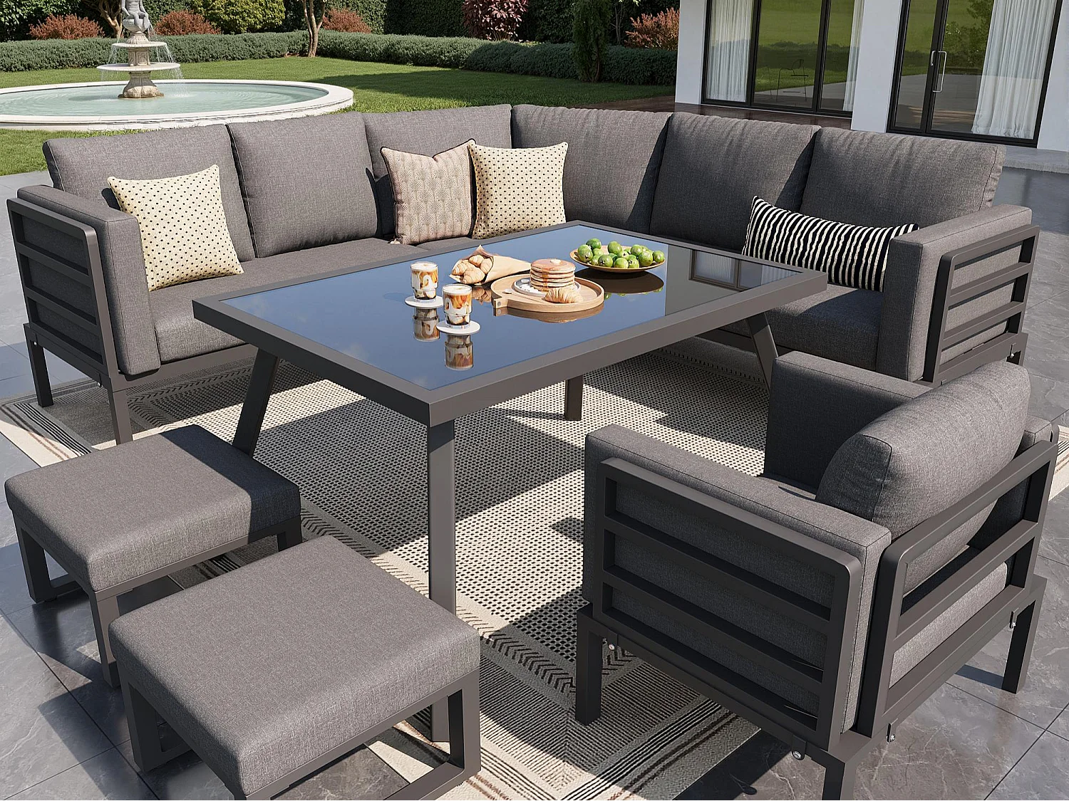 Salon ogrodowy, zestaw mebli na 8 osób, z żelaza ocynkowanego, 1 fotel i 2 taborety, kanapa narożna, stół jadalniany, Szary