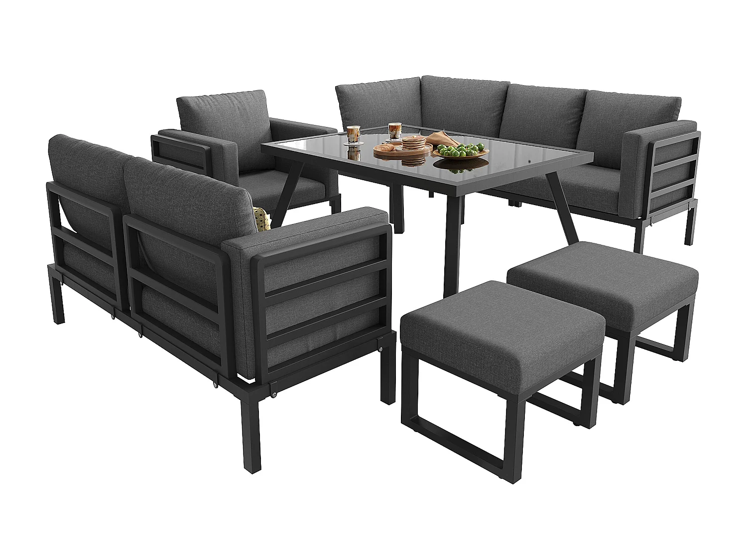 Salon ogrodowy, zestaw mebli na 8 osób, z żelaza ocynkowanego, 1 fotel i 2 taborety, kanapa narożna, stół jadalniany, Szary