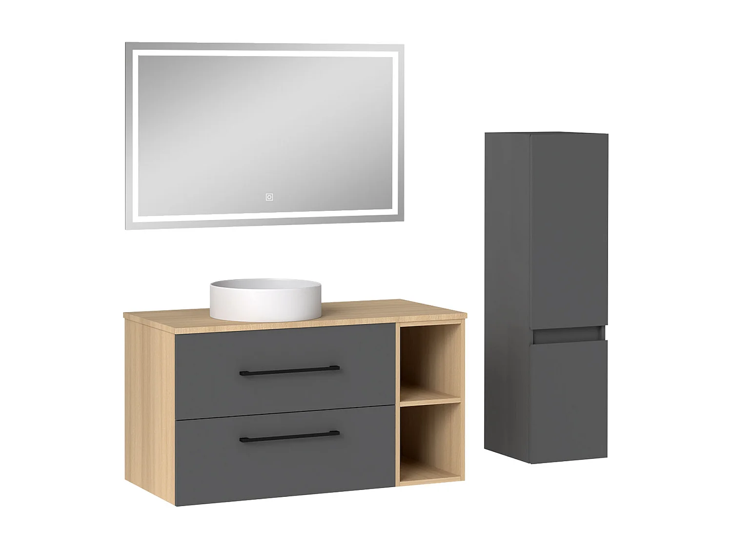 AICA Ensemble meuble de Salle de Bain Suspendu 100cm avec vasque à poser + Colonne + Miroir LED Dimmable