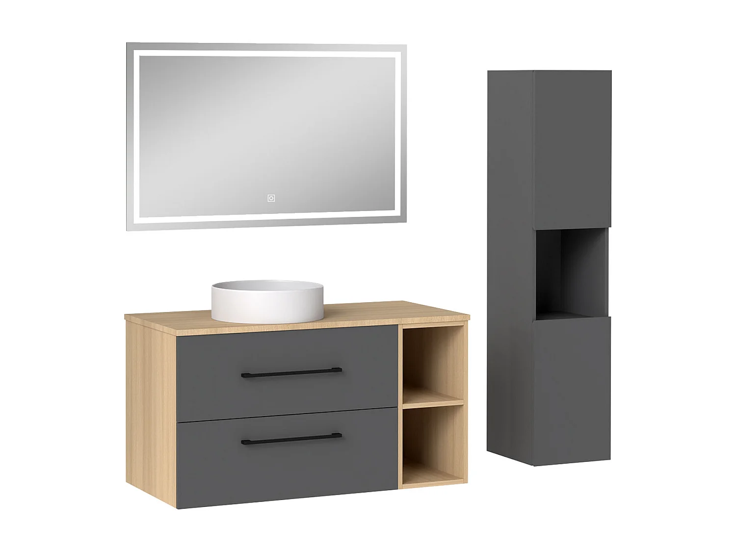 AICA Ensemble meuble de Salle de Bain Suspendu 100cm avec lavabo à poser + Colonne + Miroir LED Dimmable