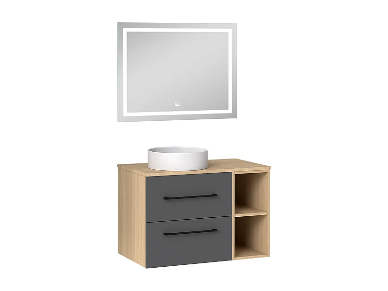AICA Ensemble meuble de Salle de Bain Suspendu 80cm avec vasque à poser + 2 Rangements Ouverts, Miroir LED Dimmable