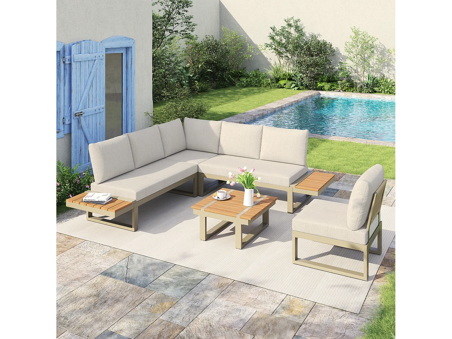 Salon de jardin - ensemble de meubles - 6 places - en acier galvanisé - canapé d'angle - avec table basse - plateau en bois plastique - Beige