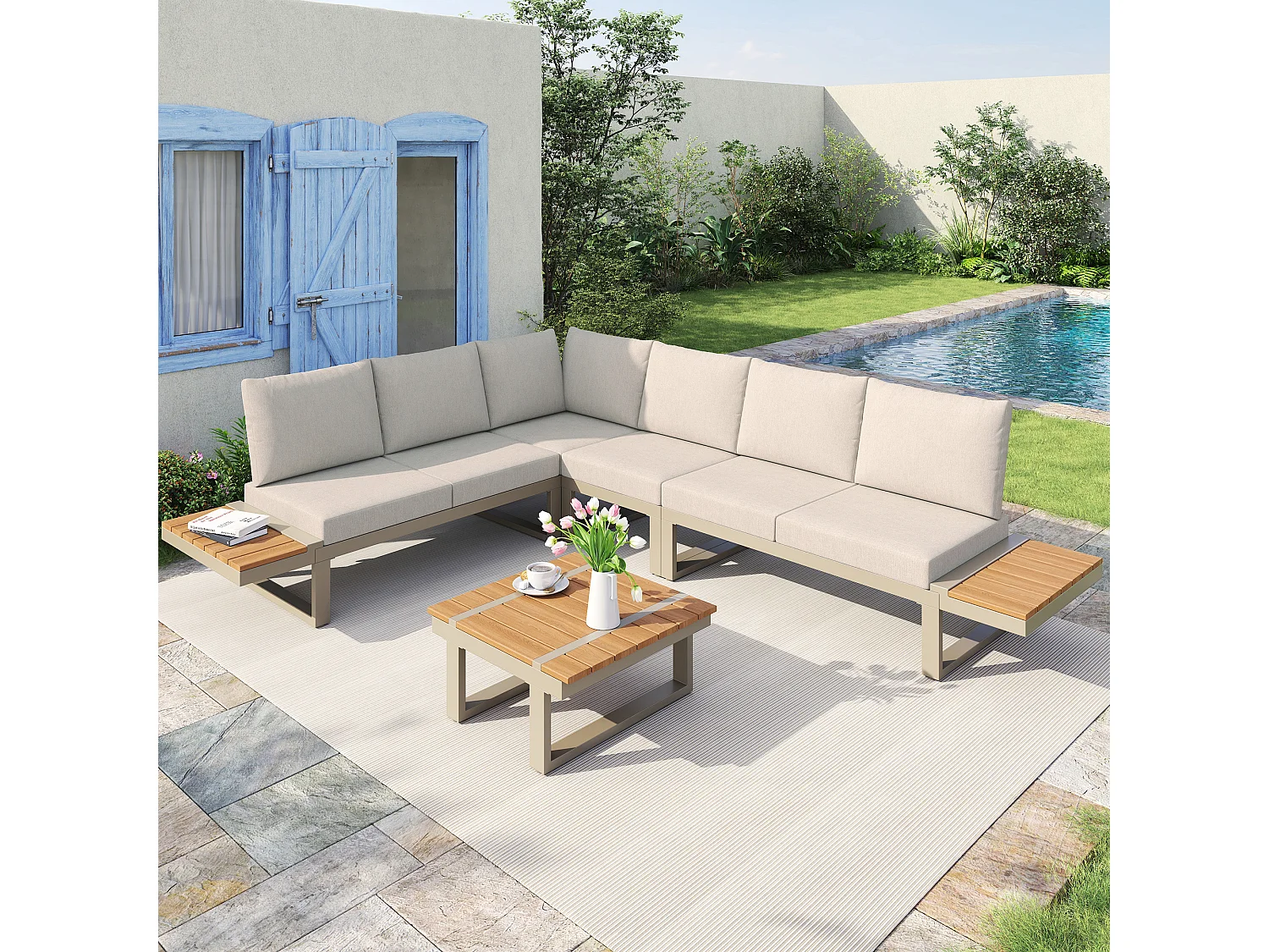 Salon de jardin - ensemble de meubles - 6 places - en acier galvanisé - canapé d'angle - avec table basse - plateau en bois plastique - Beige