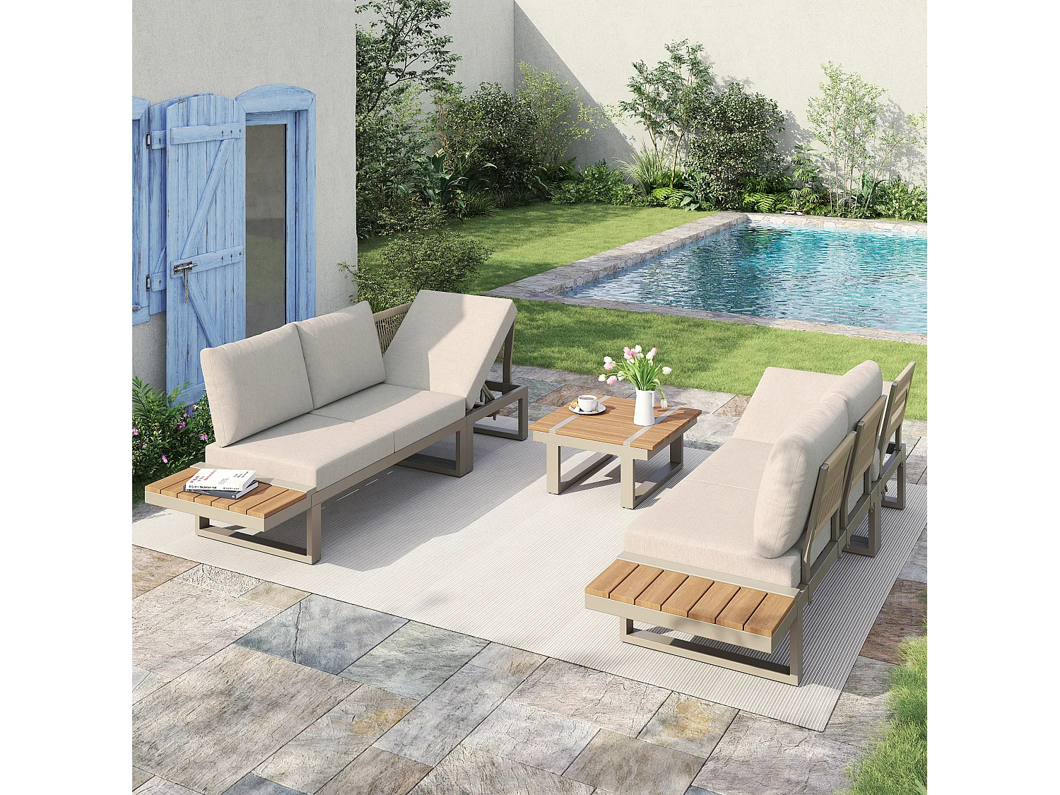 Salon de jardin - ensemble de meubles - 6 places - en acier galvanisé - canapé d'angle - avec table basse - plateau en bois plastique - Beige