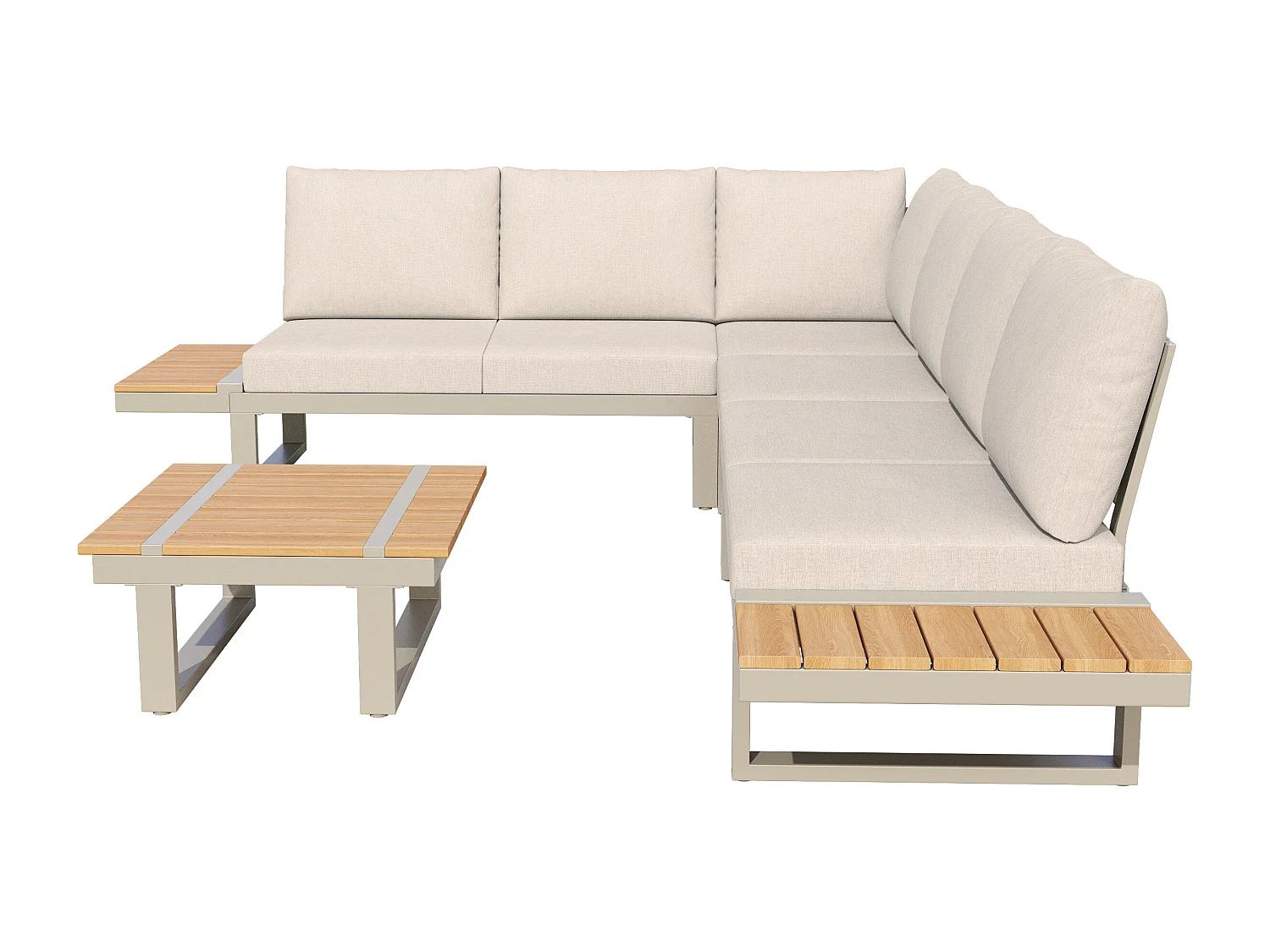 Salon de jardin - ensemble de meubles - 6 places - en acier galvanisé - canapé d'angle - avec table basse - plateau en bois plastique - Beige