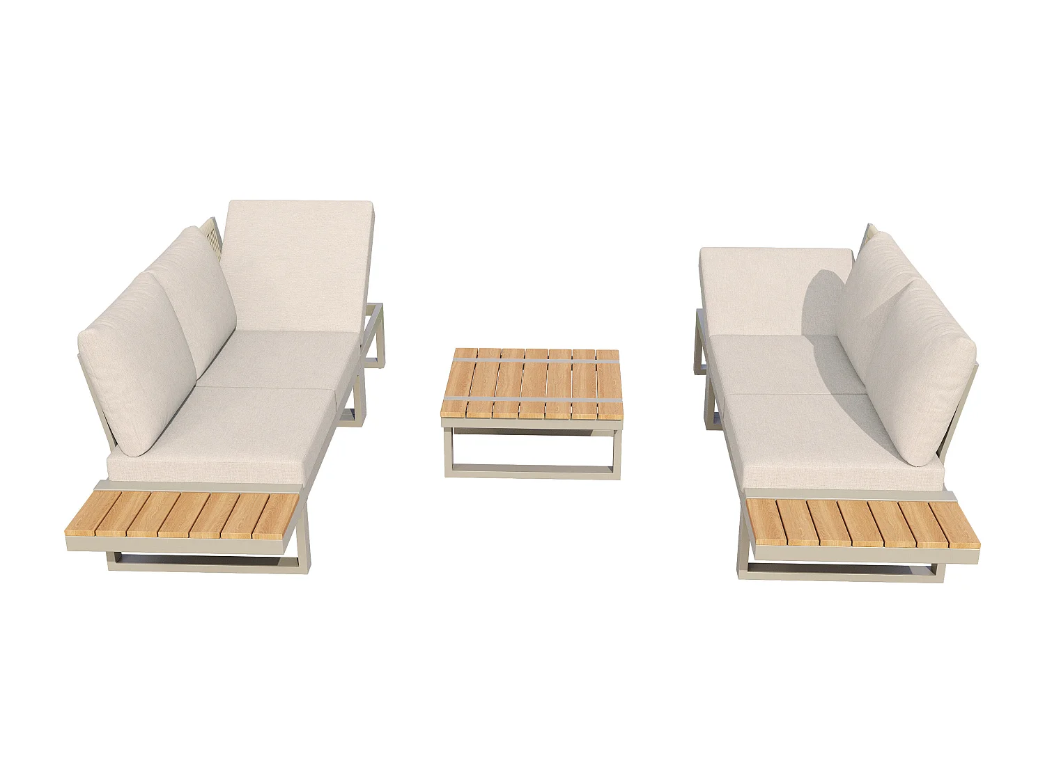 Salon de jardin - ensemble de meubles - 6 places - en acier galvanisé - canapé d'angle - avec table basse - plateau en bois plastique - Beige