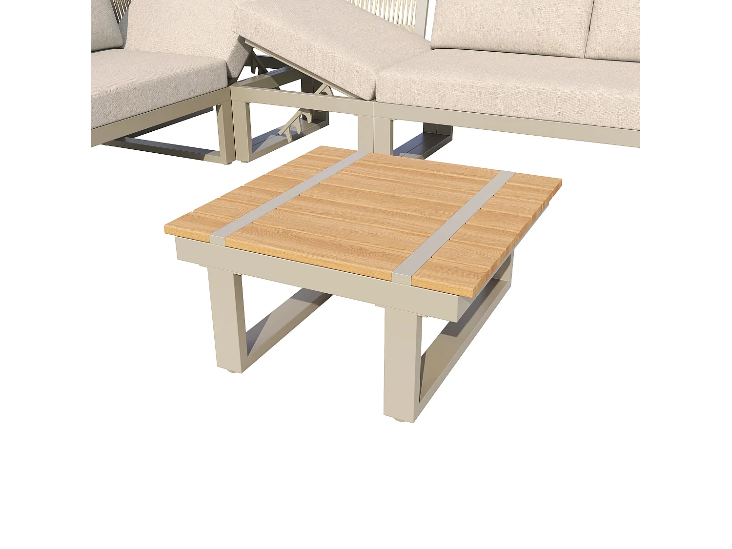 Salon de jardin - ensemble de meubles - 6 places - en acier galvanisé - canapé d'angle - avec table basse - plateau en bois plastique - Beige