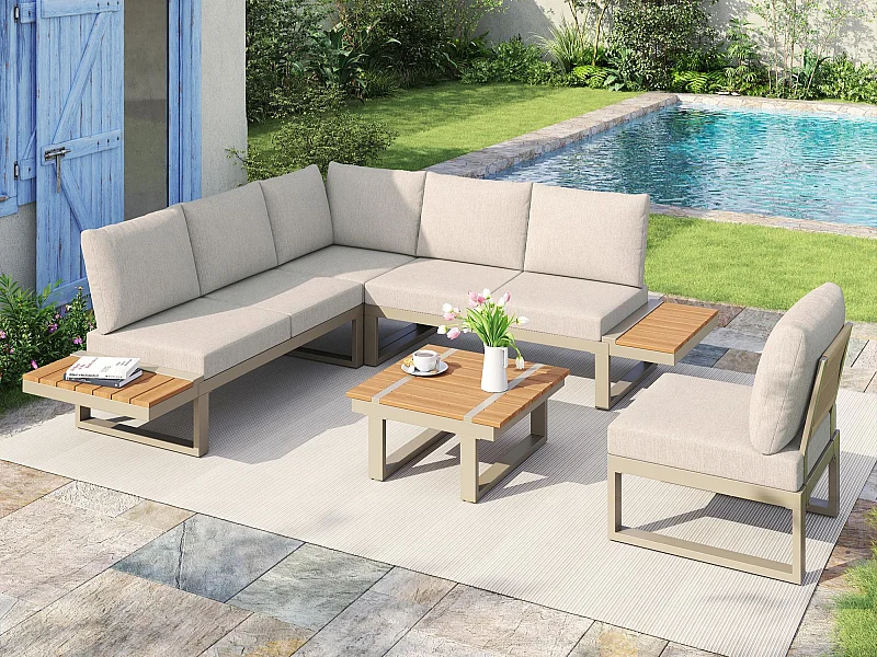 Sala de jardim - conjunto de móveis - 6 lugares - em aço galvanizado - sofá de canto - con mesa de centro - tampo de madeira plástica - Bege