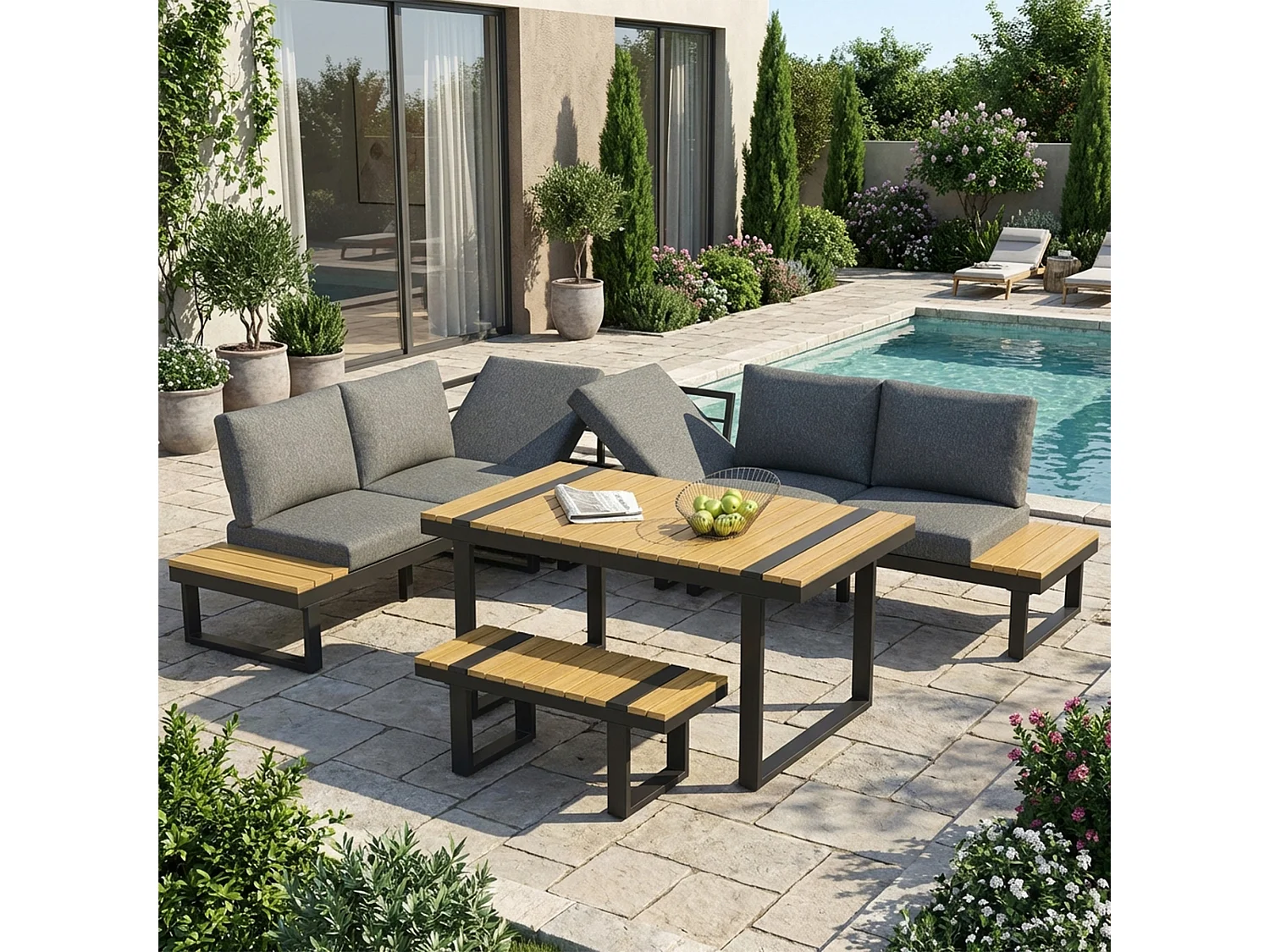 Salon de jardin - ensemble de meubles - 6 places - en fer galvanisé - canapé d'angle - avec table et un banc - plateau en bois plastique - Gris