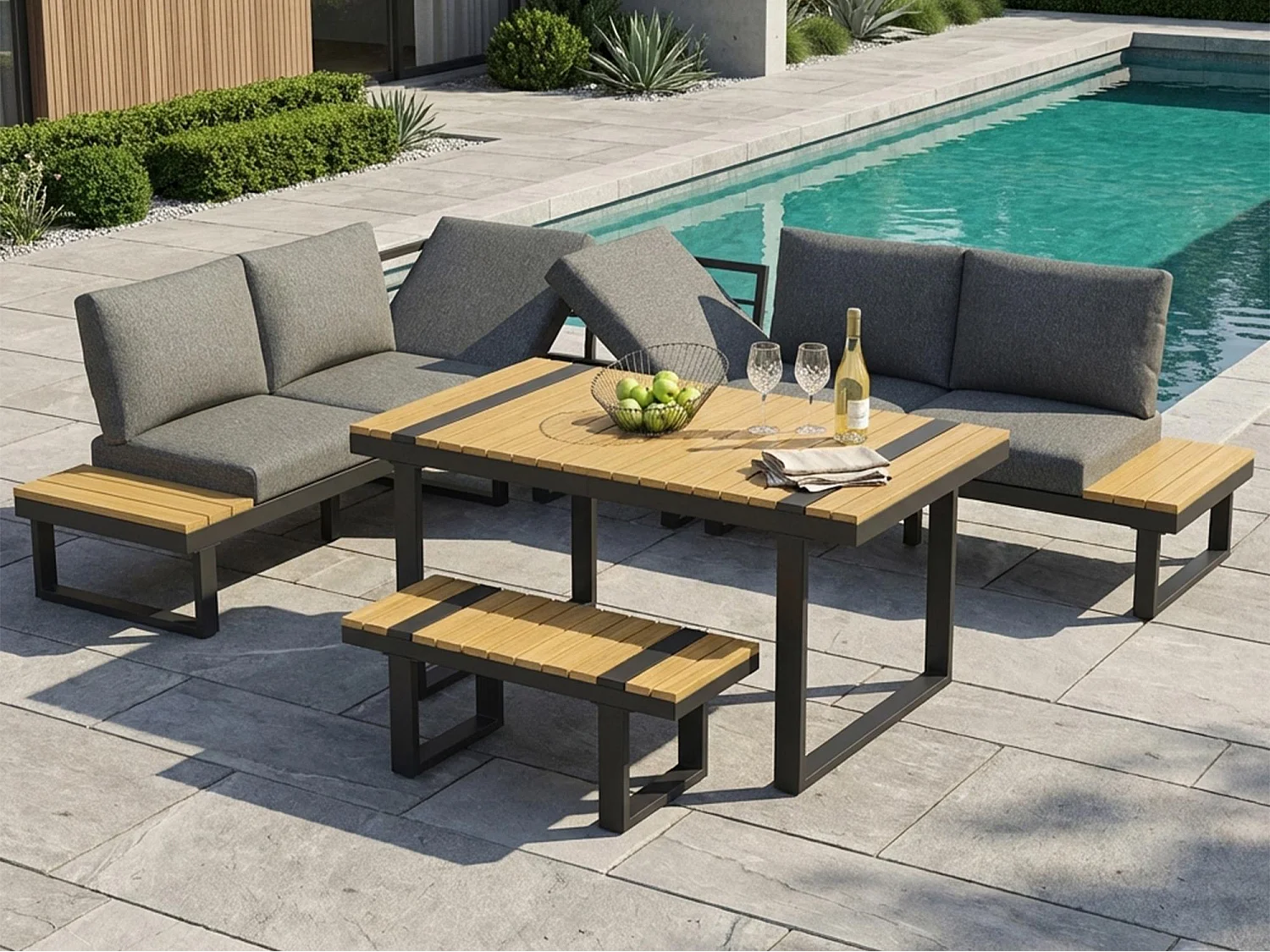 Salon de jardin - ensemble de meubles - 6 places - en fer galvanisé - canapé d'angle - avec table et un banc - plateau en bois plastique - Gris