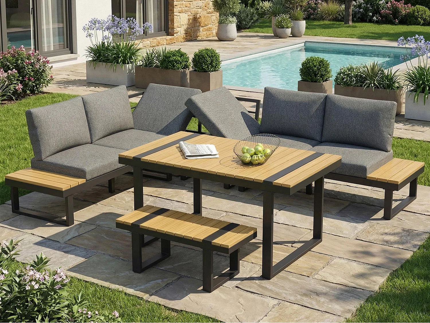 Salon de jardin - ensemble de meubles - 6 places - en fer galvanisé - canapé d'angle - avec table et un banc - plateau en bois plastique - Gris