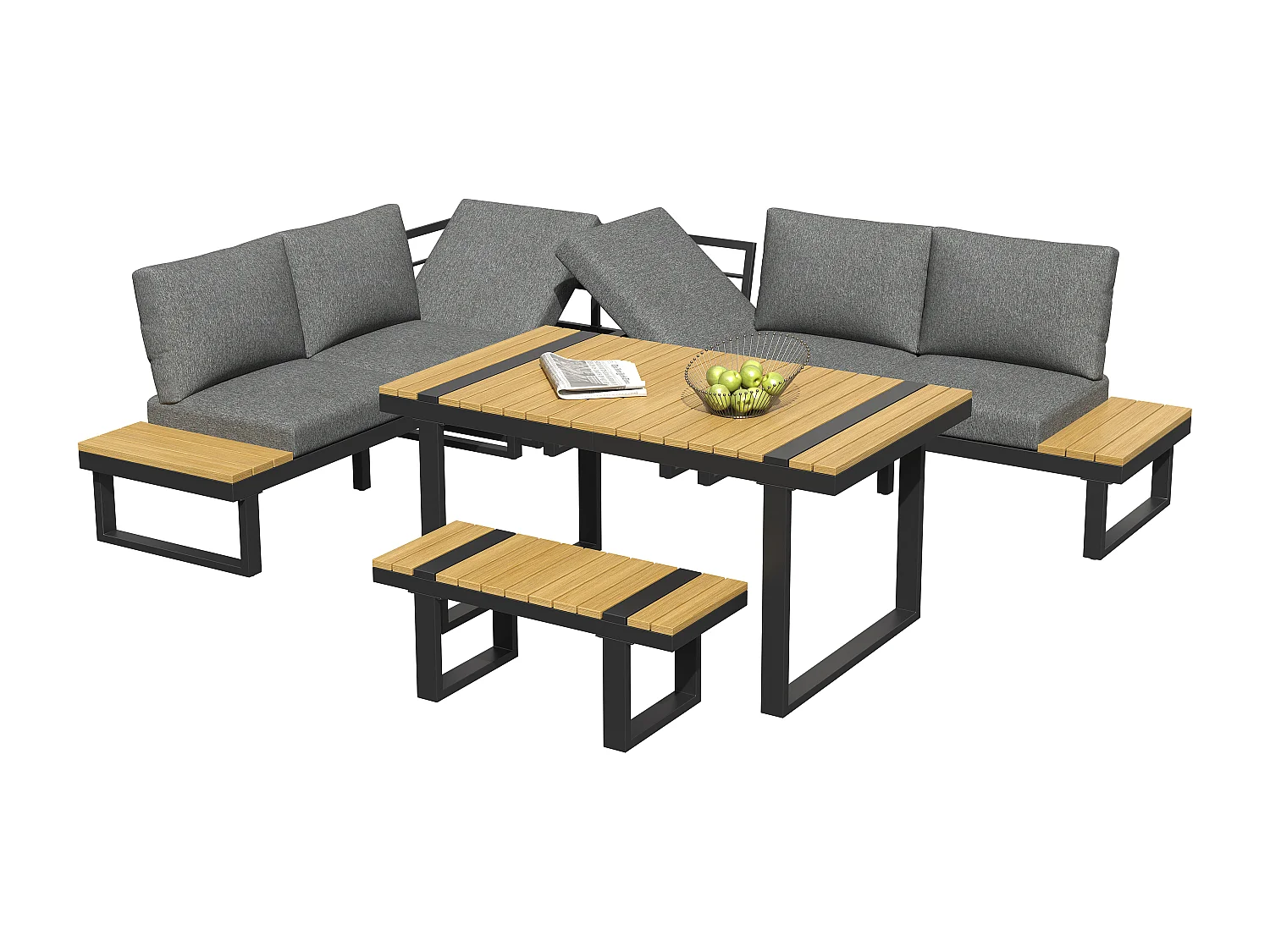 Salon de jardin - ensemble de meubles - 6 places - en fer galvanisé - canapé d'angle - avec table et un banc - plateau en bois plastique - Gris