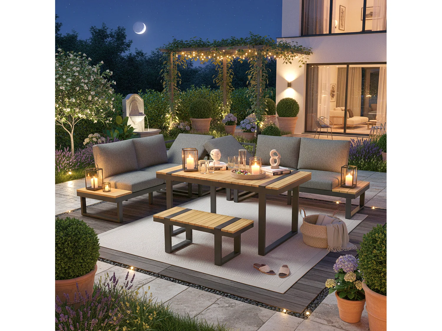 Salon de jardin - ensemble de meubles - 6 places - en fer galvanisé - canapé d'angle - avec table et un banc - plateau en bois plastique - Gris