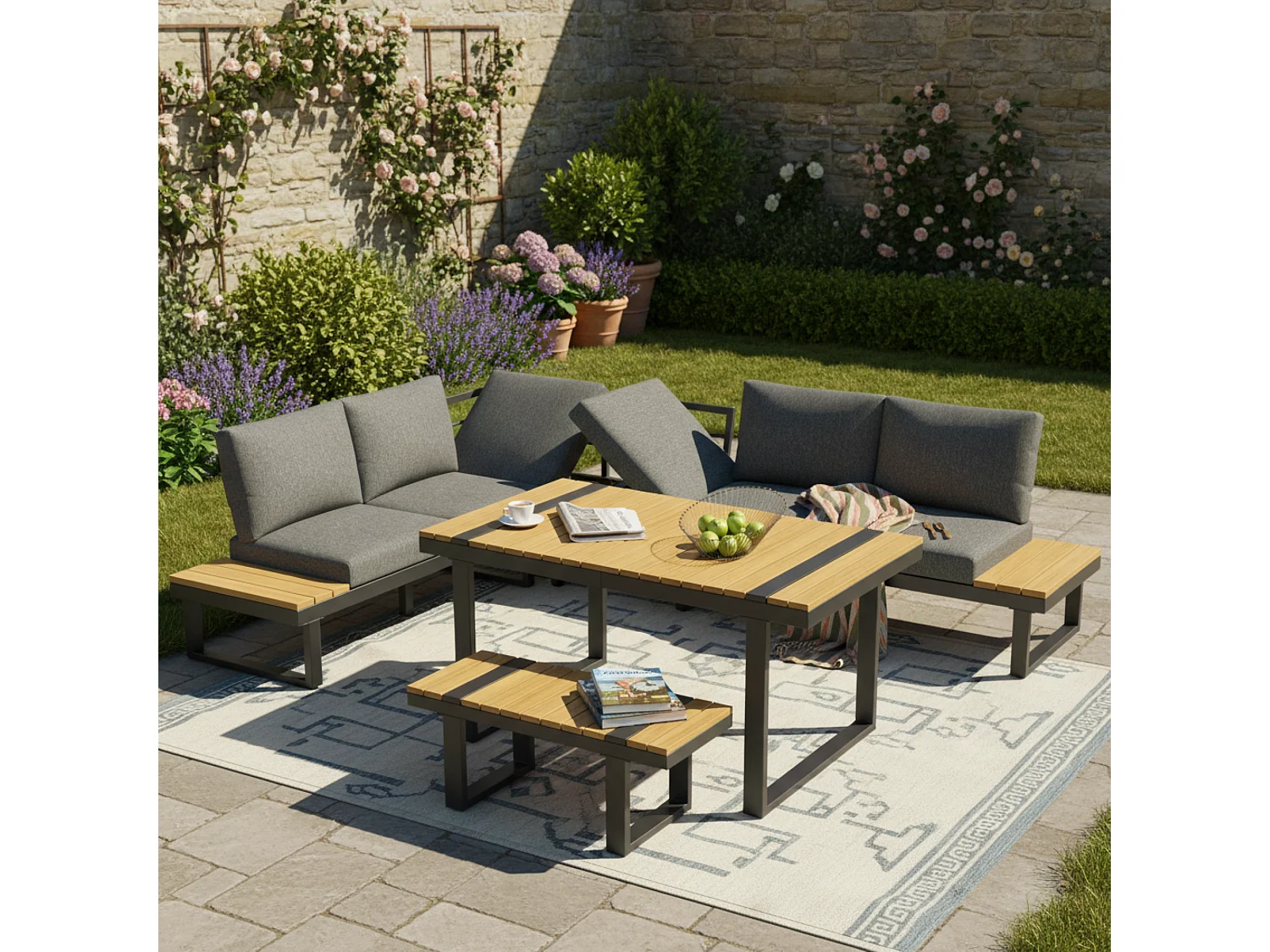 Salon de jardin - ensemble de meubles - 6 places - en fer galvanisé - canapé d'angle - avec table et un banc - plateau en bois plastique - Gris