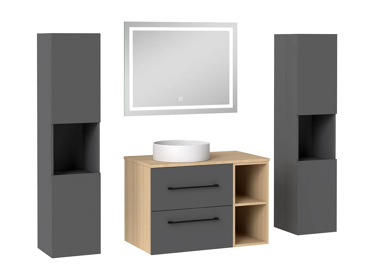 AICA Ensemble meuble de Salle de Bain Suspendu 80cm avec lavabo à poser + 2*Colonne + Miroir LED Dimmable