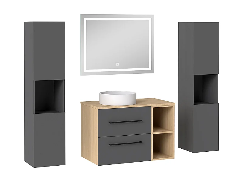 AICA Ensemble meuble de Salle de Bain Suspendu 80cm avec lavabo à poser + 2*Colonne + Miroir LED Dimmable