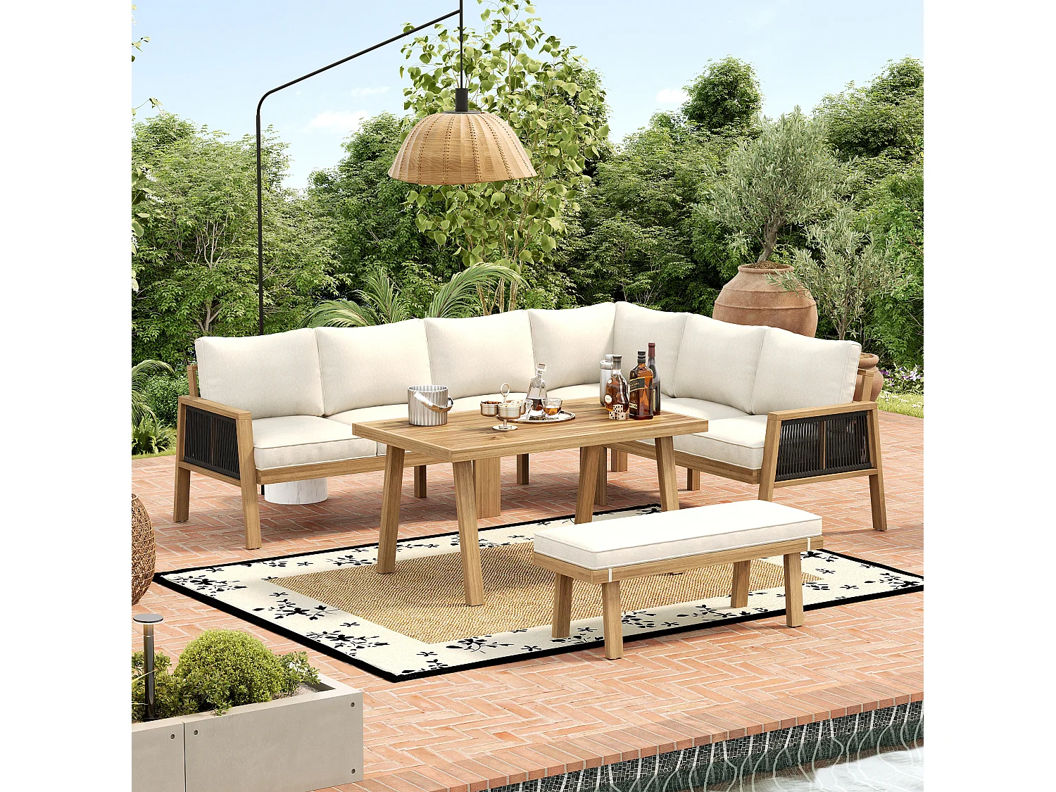 Tuinmeubelset, hoekbank + salontafel + een voetenbankje, para 5-6 personen, frame en blad van acacia, van koord, Natuur + Crème