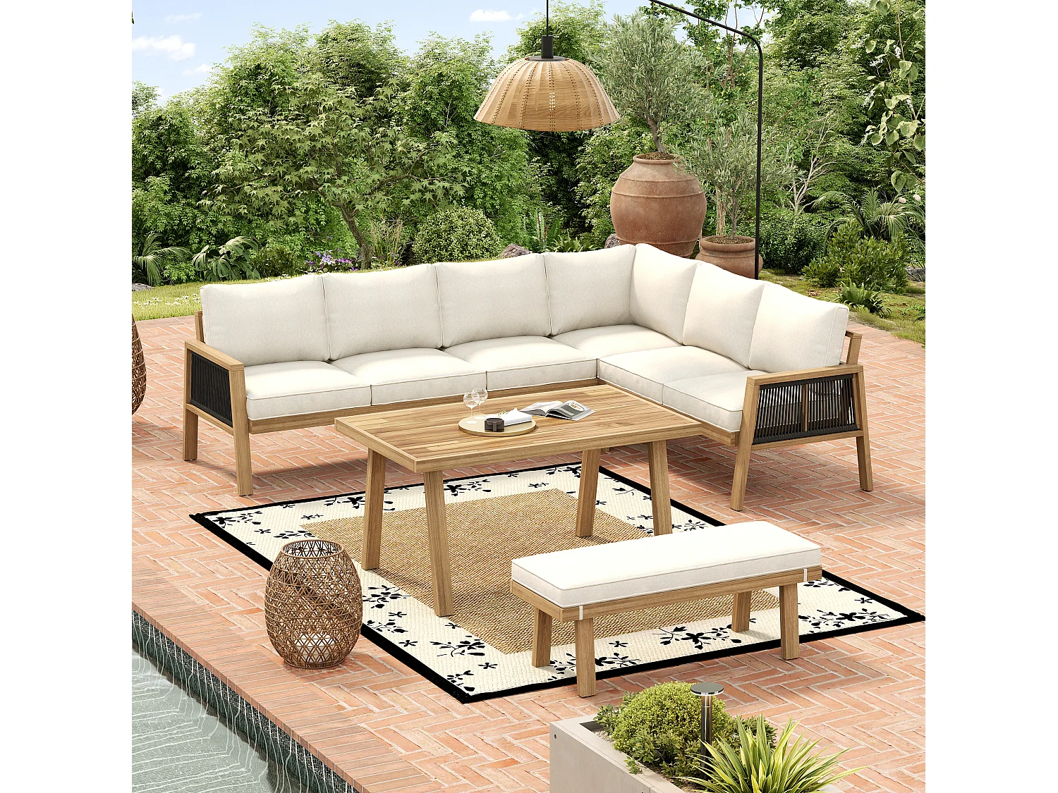 Tuinmeubelset, hoekbank + salontafel + een voetenbankje, para 5-6 personen, frame en blad van acacia, van koord, Natuur + Crème