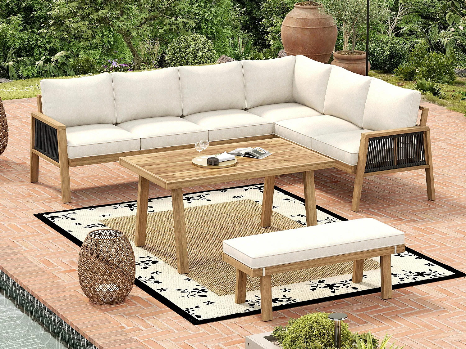Ensemble de mobilier de jardin, canapé d'angle + table basse + un repose-pieds, pour 5-6 places, structure et plateau en acacia, en corde, Naturel + Crème