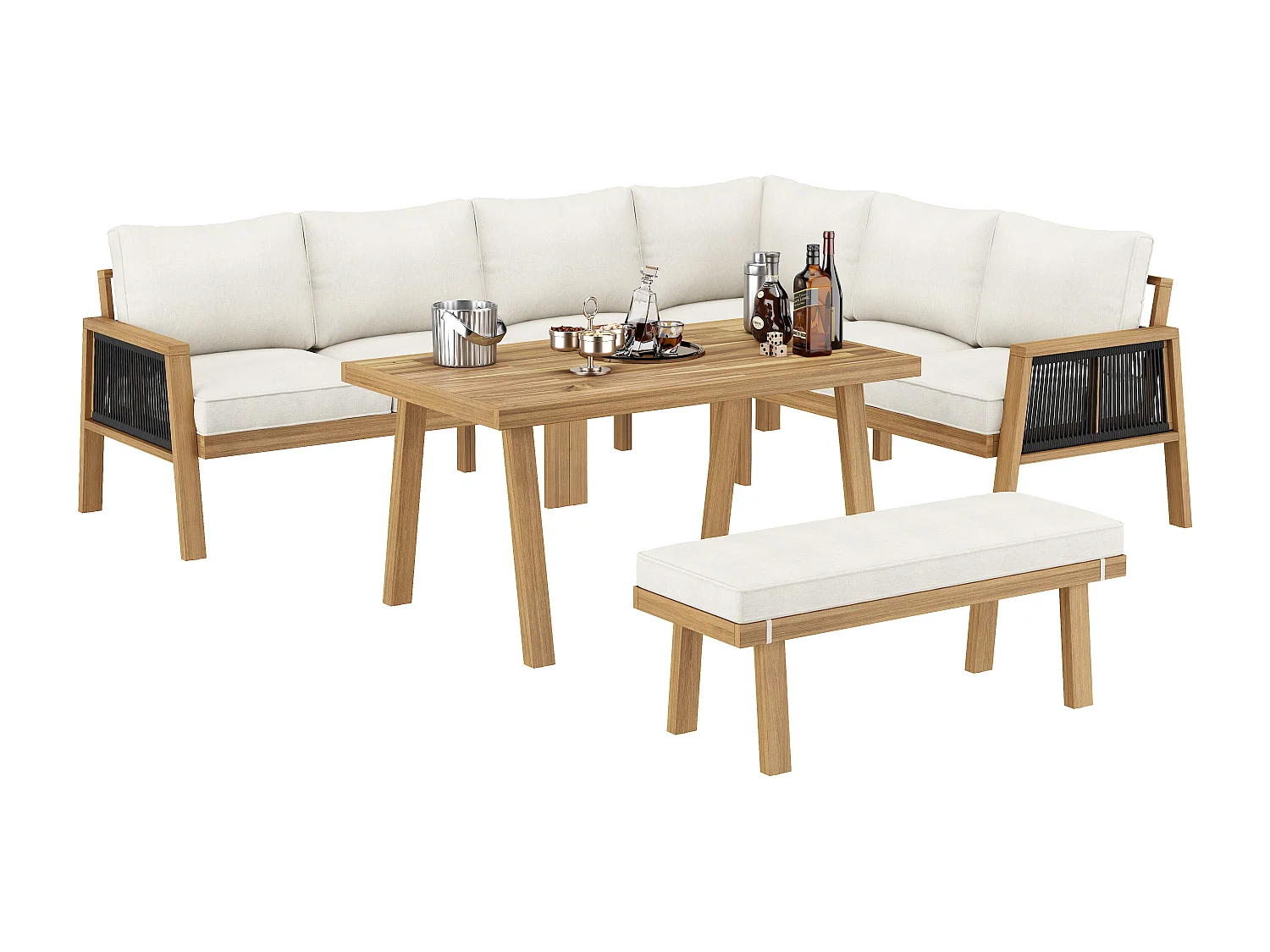 Ensemble de mobilier de jardin, canapé d'angle + table basse + un repose-pieds, pour 5-6 places, structure et plateau en acacia, en corde, Naturel + Crème