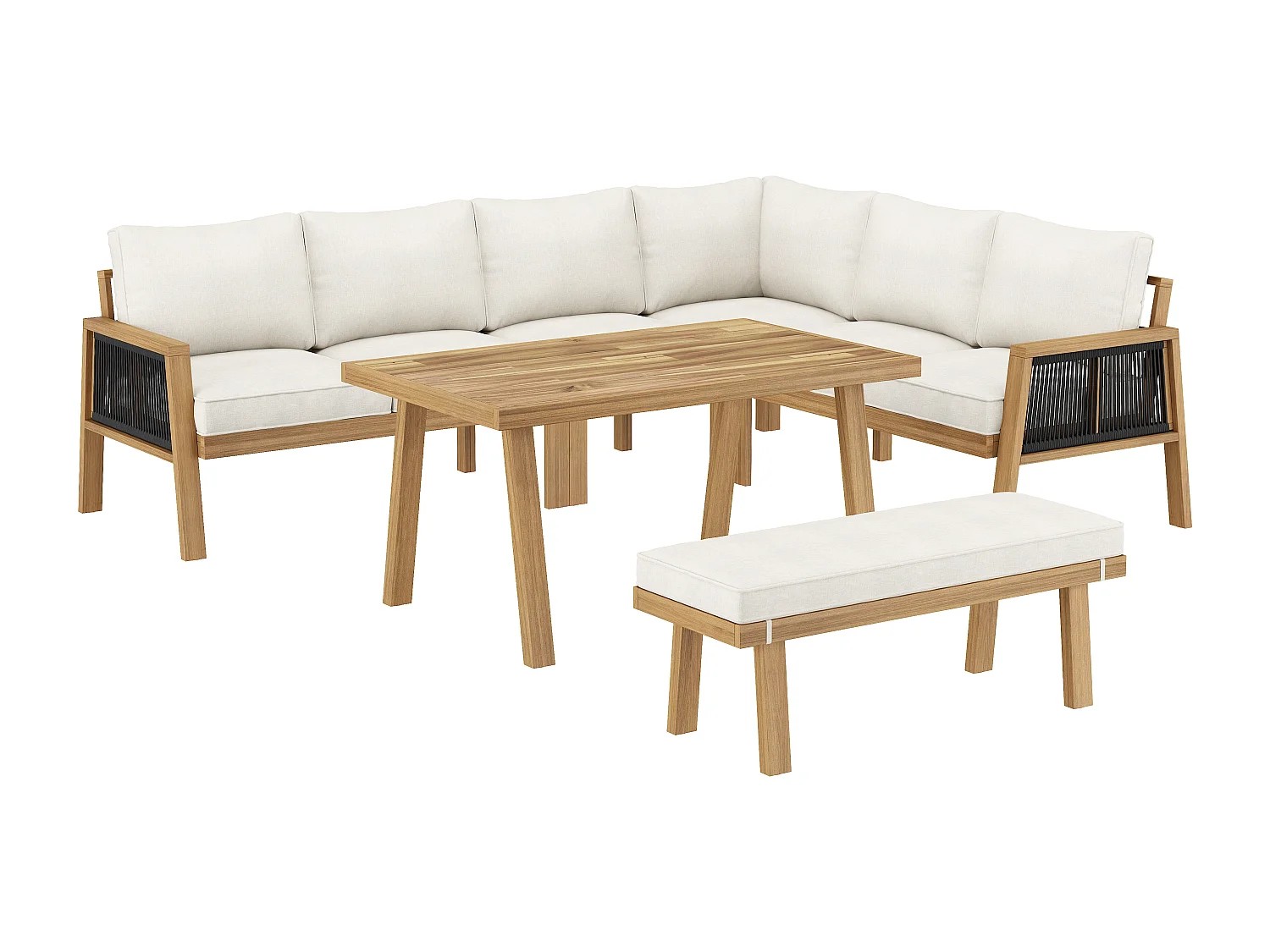 Ensemble de mobilier de jardin, canapé d'angle + table basse + un repose-pieds, pour 5-6 places, structure et plateau en acacia, en corde, Naturel + Crème
