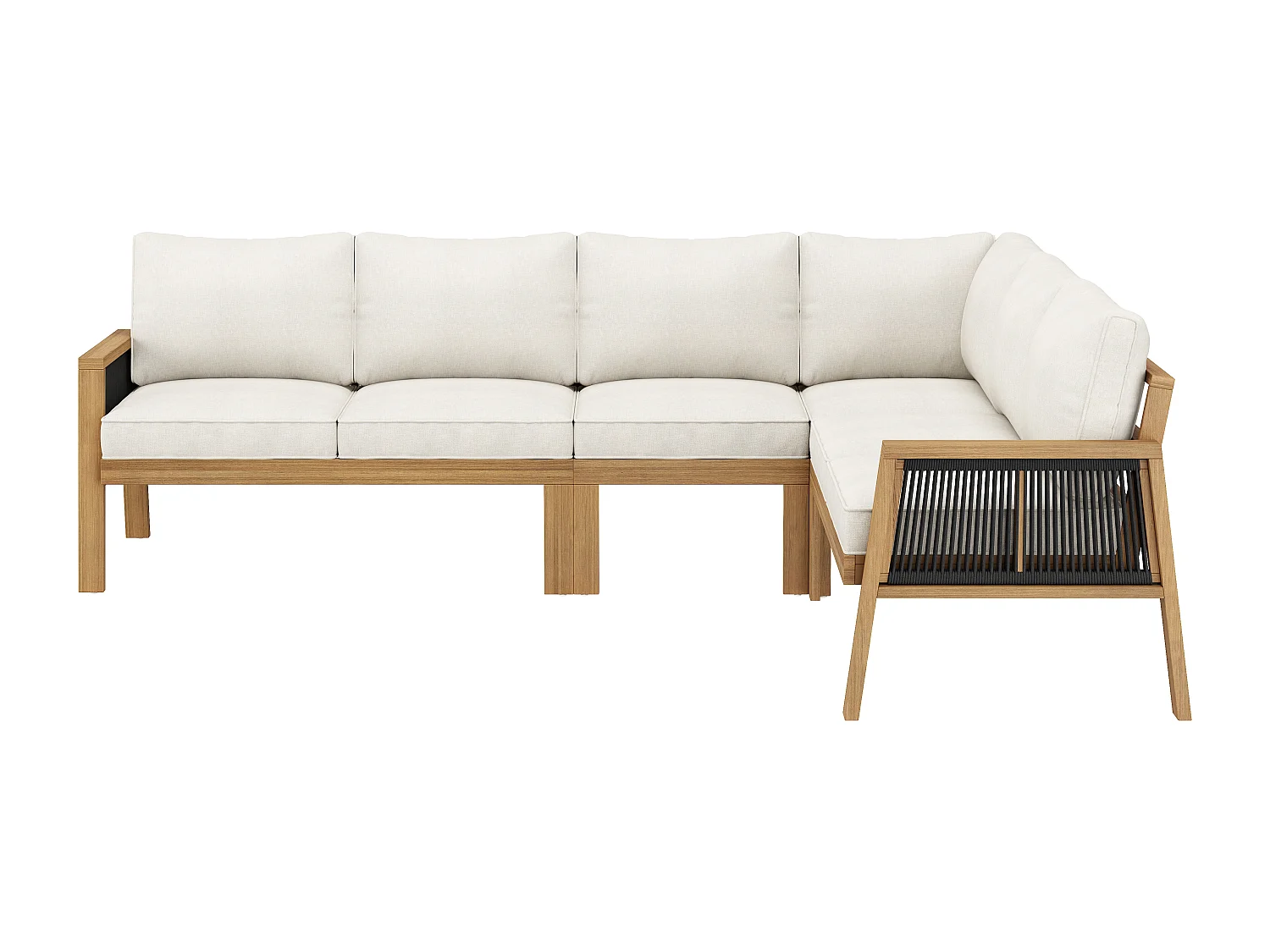 Ensemble de mobilier de jardin, canapé d'angle + table basse + un repose-pieds, pour 5-6 places, structure et plateau en acacia, en corde, Naturel + Crème