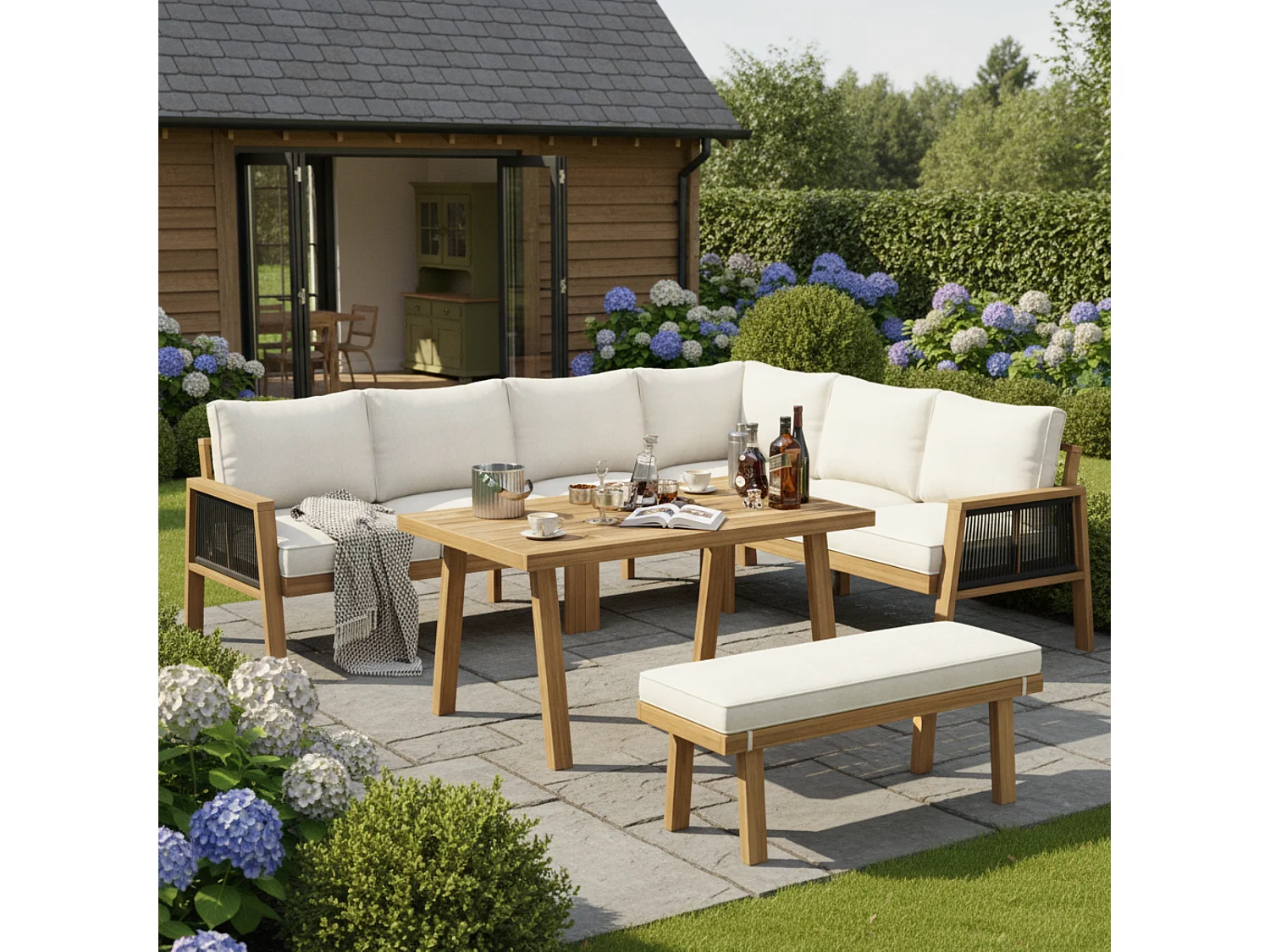 Ensemble de mobilier de jardin, canapé d'angle + table basse + un repose-pieds, pour 5-6 places, structure et plateau en acacia, en corde, Naturel + Crème