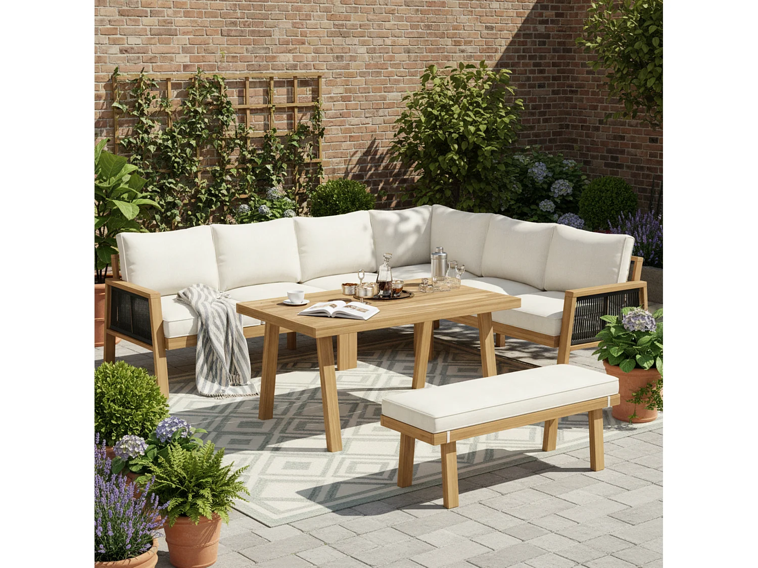 Ensemble de mobilier de jardin, canapé d'angle + table basse + un repose-pieds, pour 5-6 places, structure et plateau en acacia, en corde, Naturel + Crème