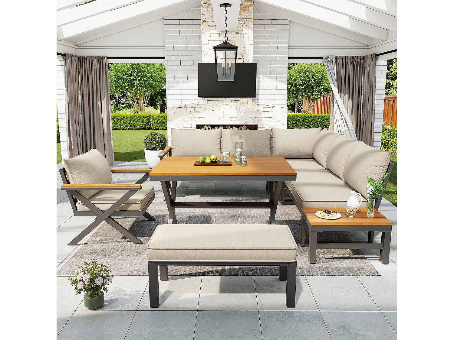 Salon de jardin, ensemble de meubles pour 6-7 personnes - canapé d'angle - en fer galvanisé - tables manger en bois-plastique- fauteuils - banc, Beige