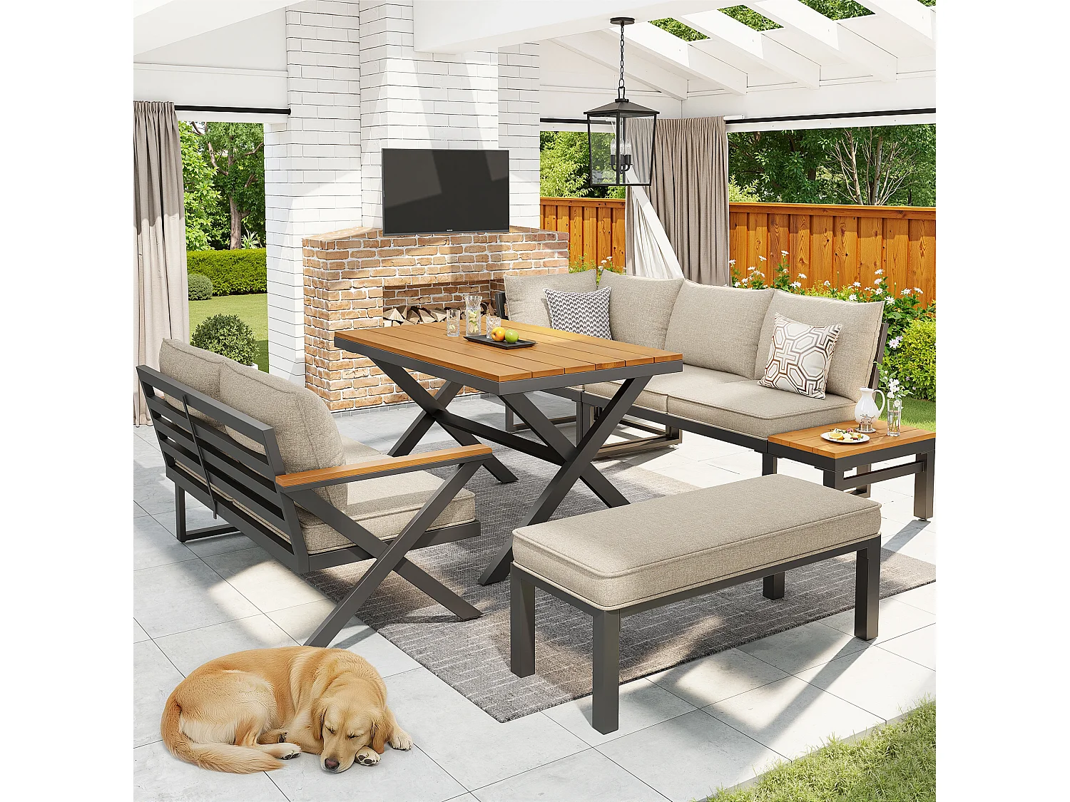 Salon de jardin, ensemble de meubles pour 6-7 personnes - canapé d'angle - en fer galvanisé - tables manger en bois-plastique- fauteuils - banc, Beige