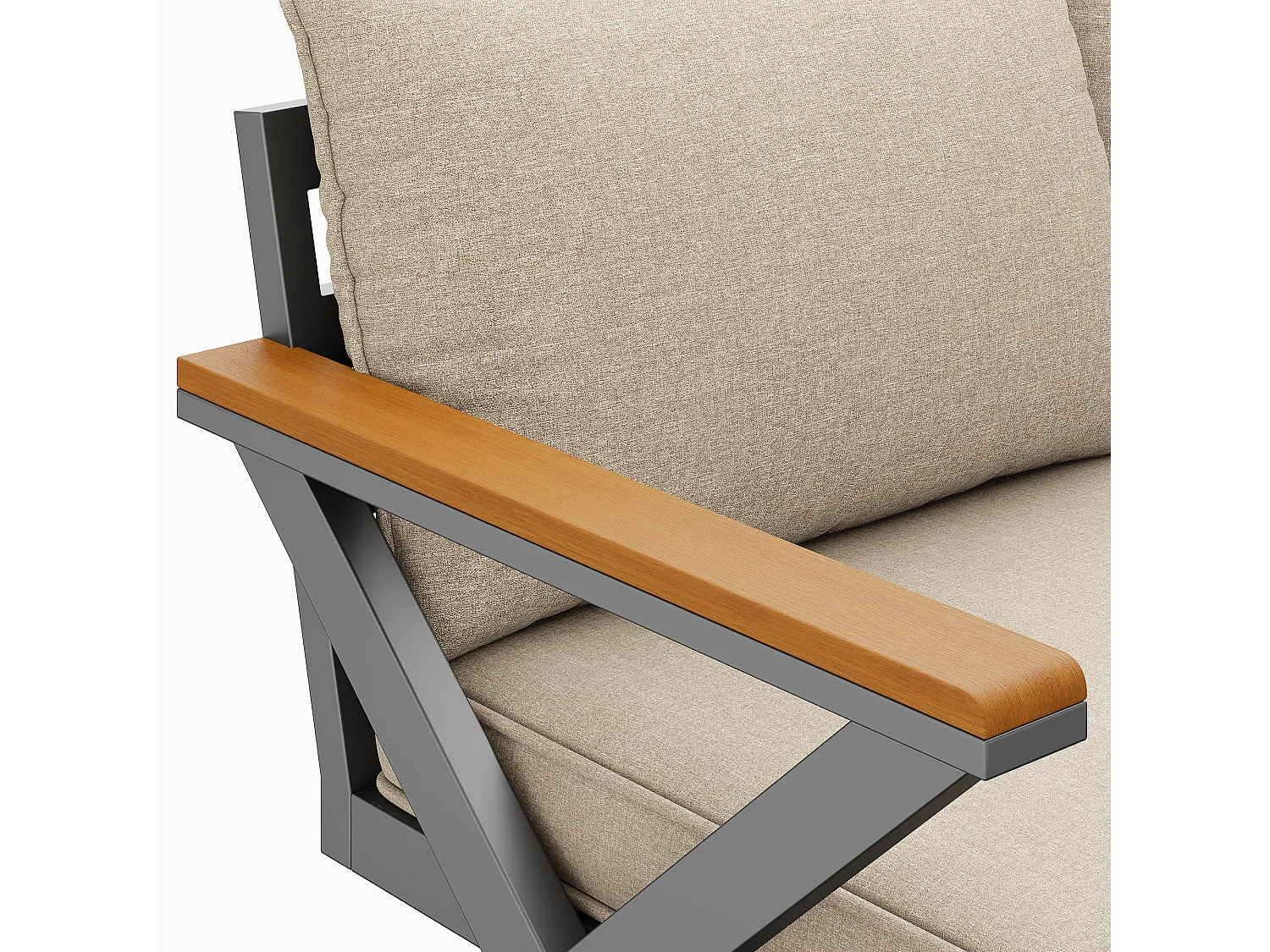 Salon de jardin, ensemble de meubles pour 6-7 personnes - canapé d'angle - en fer galvanisé - tables manger en bois-plastique- fauteuils - banc, Beige