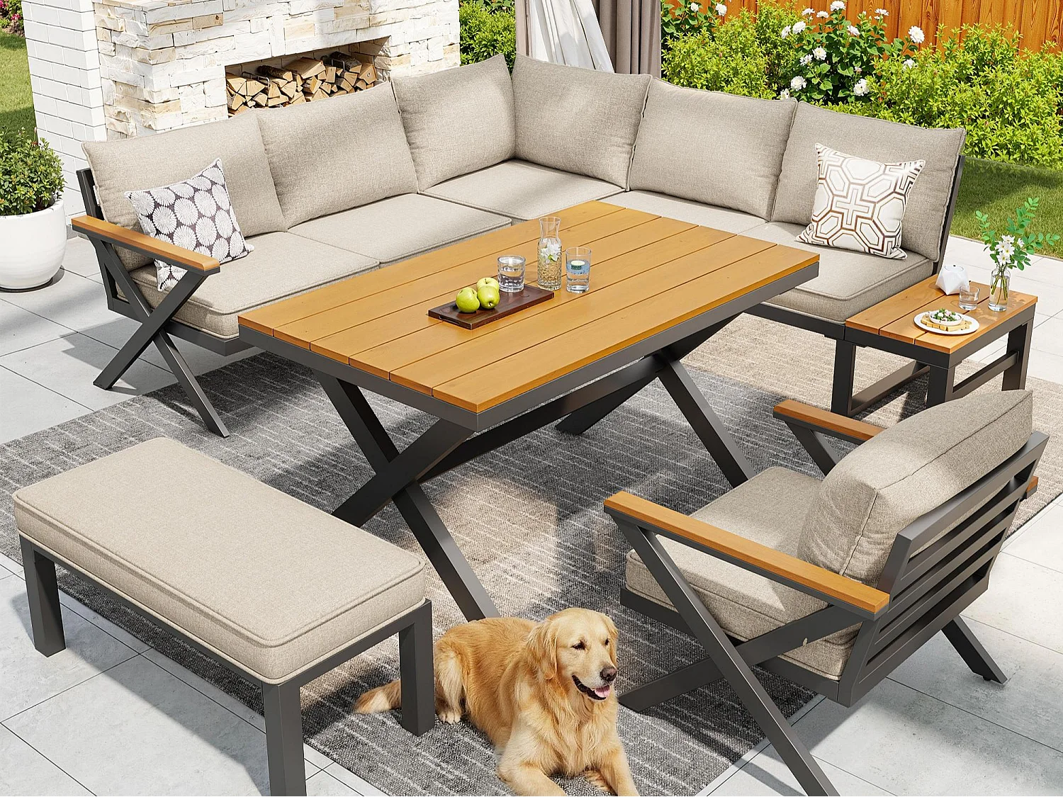 Salon de jardin, ensemble de meubles pour 6-7 personnes - canapé d'angle - en fer galvanisé - tables manger en bois-plastique- fauteuils - banc, Beige