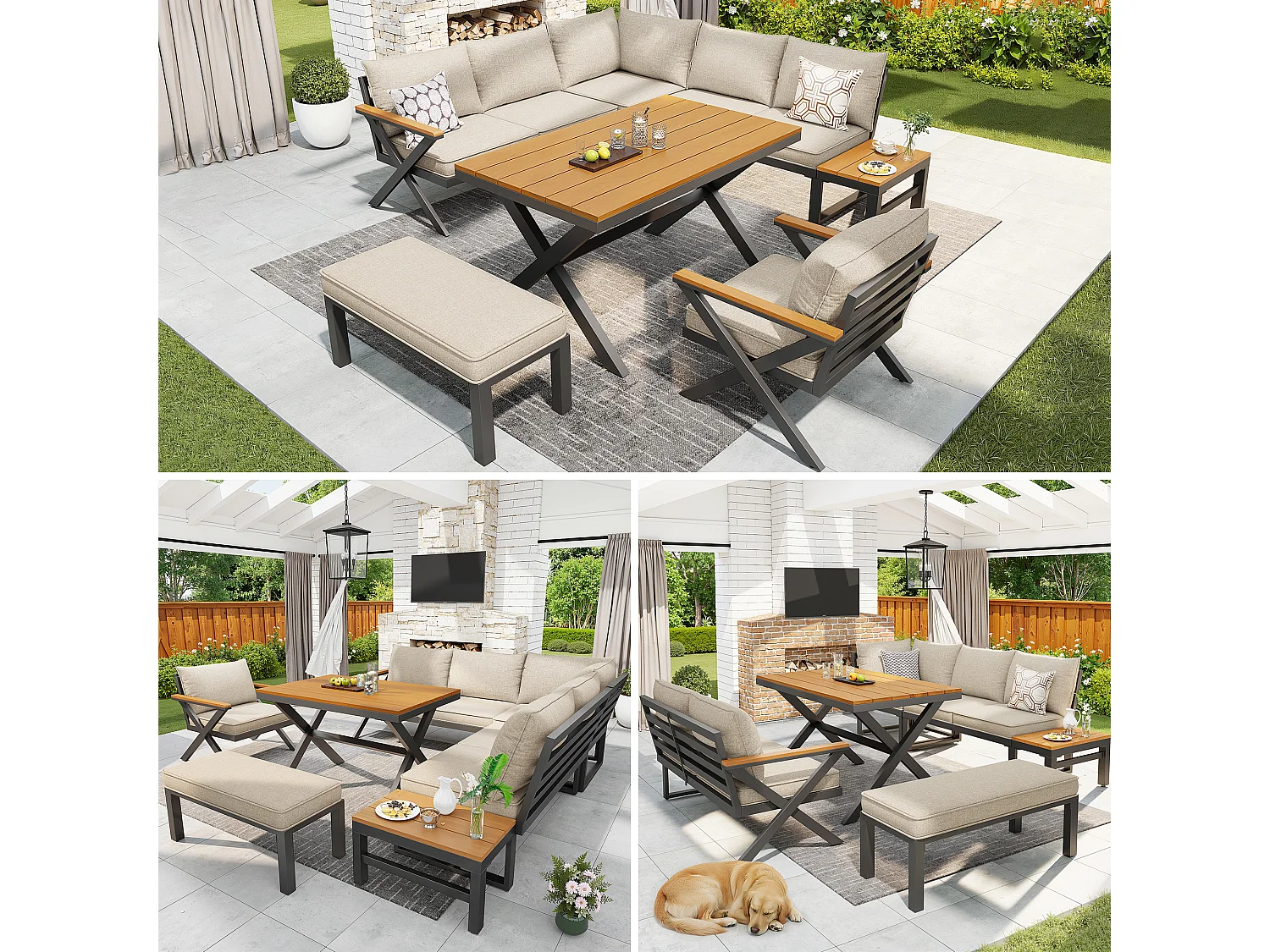 Salon de jardin, ensemble de meubles pour 6-7 personnes - canapé d'angle - en fer galvanisé - tables manger en bois-plastique- fauteuils - banc, Beige