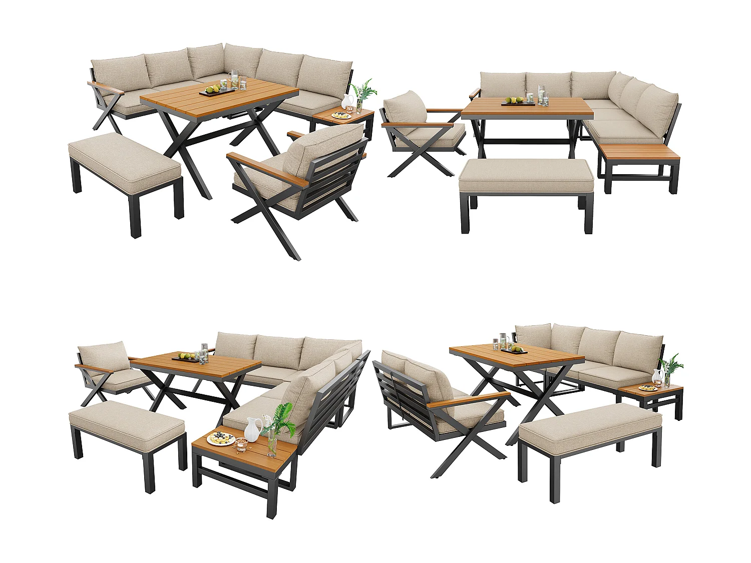 Salon de jardin, ensemble de meubles pour 6-7 personnes - canapé d'angle - en fer galvanisé - tables manger en bois-plastique- fauteuils - banc, Beige