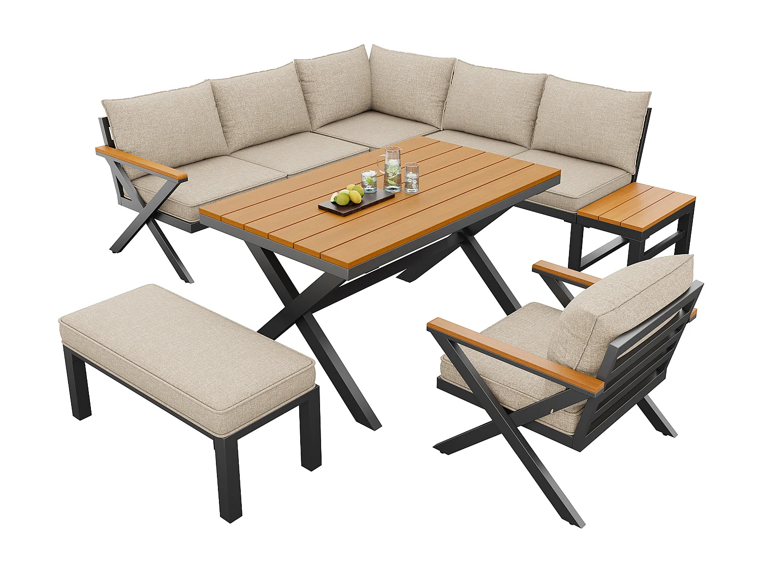 Salon de jardin, ensemble de meubles pour 6-7 personnes - canapé d'angle - en fer galvanisé - tables manger en bois-plastique- fauteuils - banc, Beige