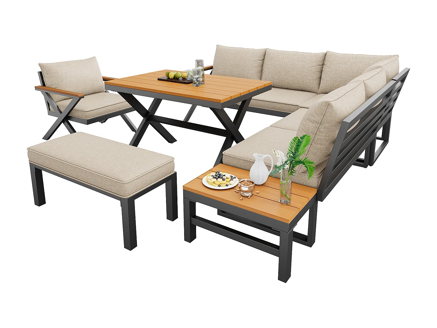 Salon de jardin, ensemble de meubles pour 6-7 personnes - canapé d'angle - en fer galvanisé - tables manger en bois-plastique- fauteuils - banc, Beige