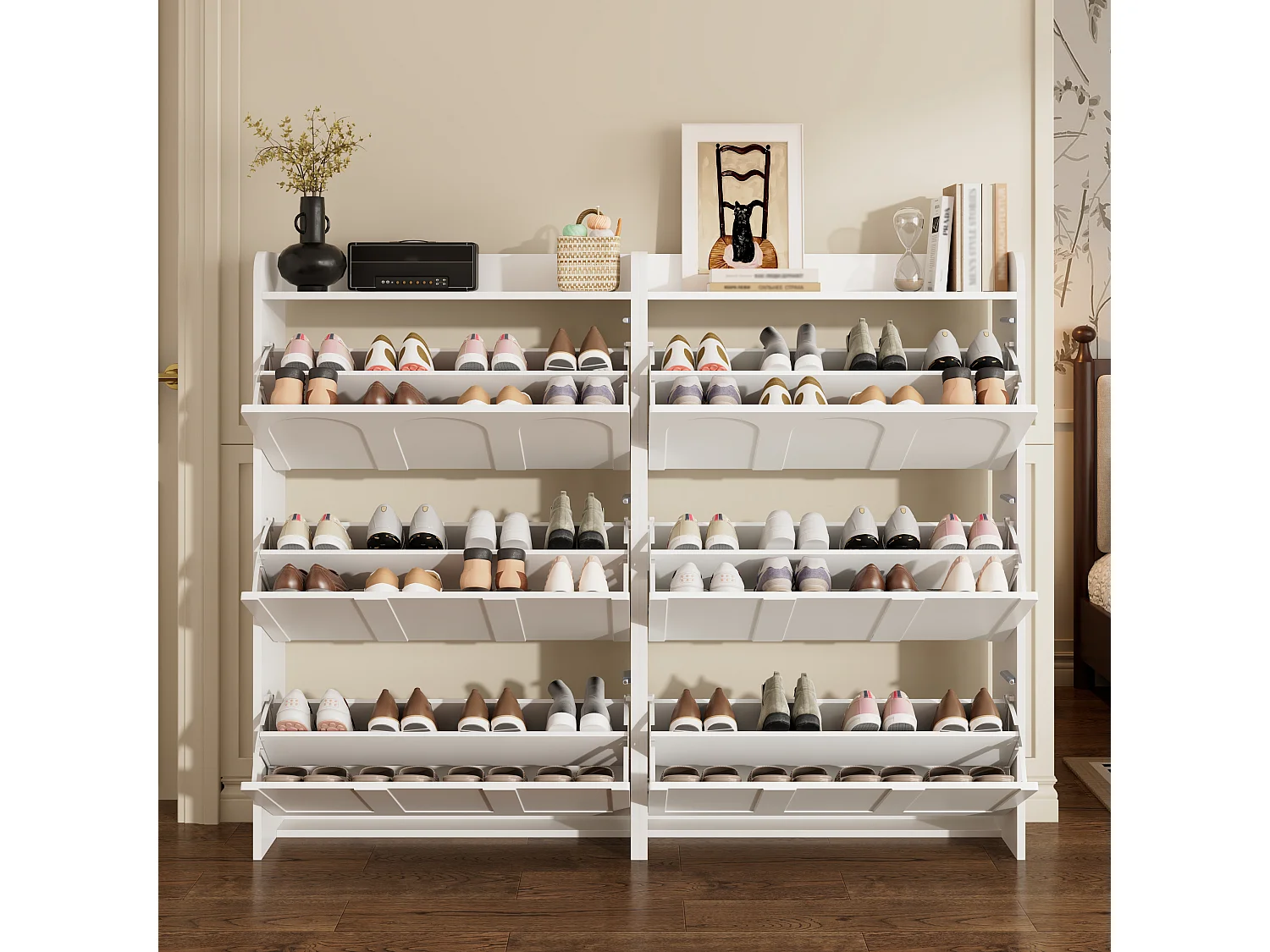 Schuhschrank 2-teilig - 140x25x120 cm - mit 12 Fächern - 6 Klapptüren - MDF - Weiß