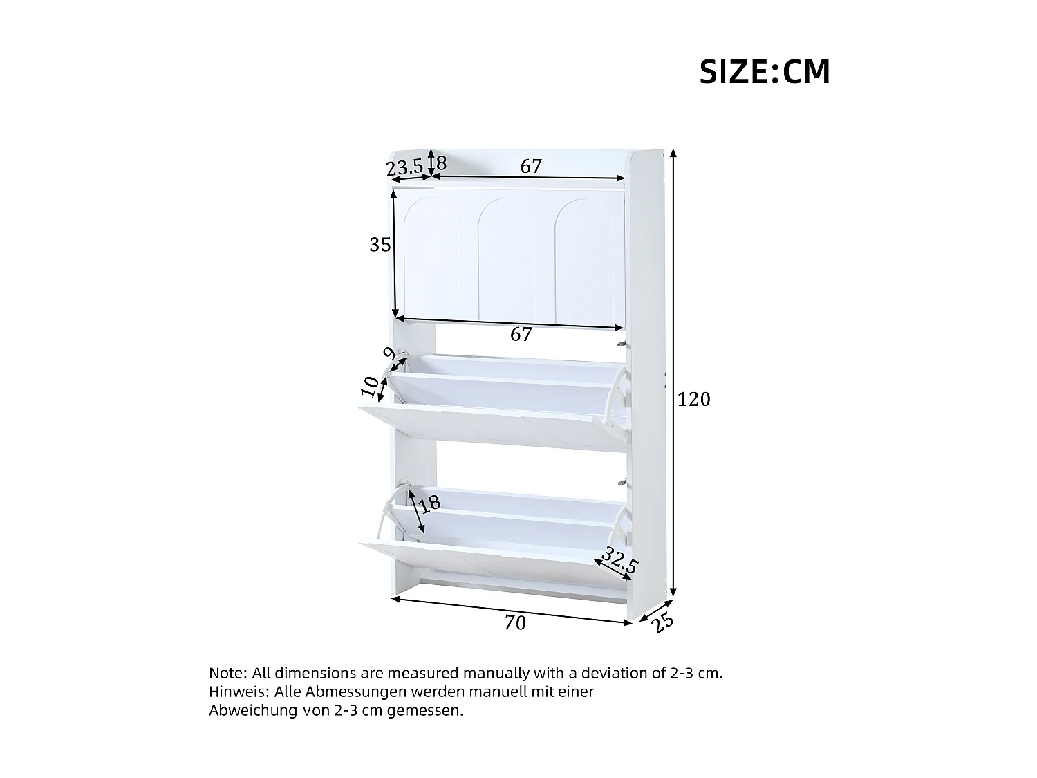 Schuhschrank 2-teilig - 140x25x120 cm - mit 12 Fächern - 6 Klapptüren - MDF - Weiß
